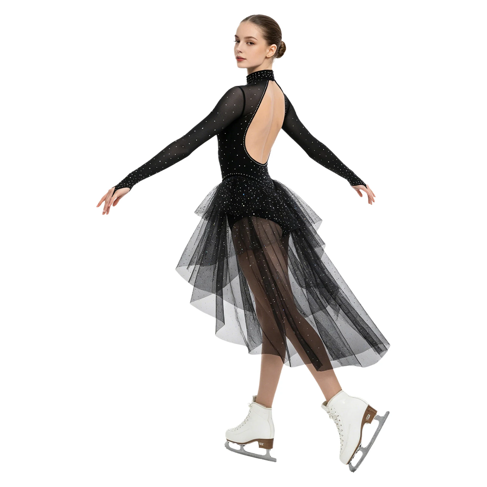 Damen Eiskunstlauf-Bodysuit mit Langen Ärmeln, Strass-Verzierung, Stufenförmigem Rüschen-Tüllrock, Leotard-Jumpsuit für Ballett-Wettbewerbe und Tanzbekleidung – Detail 9