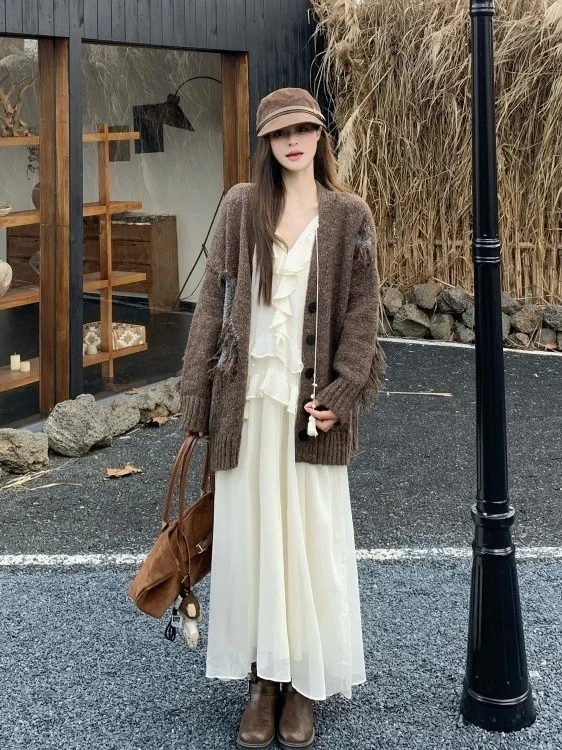 

Lagenlook Lazy Style Long Sleeve Tassel Knitwear Coat And Long Dress Set plus Size Autumn New Design Sense Fashion Women's Wear