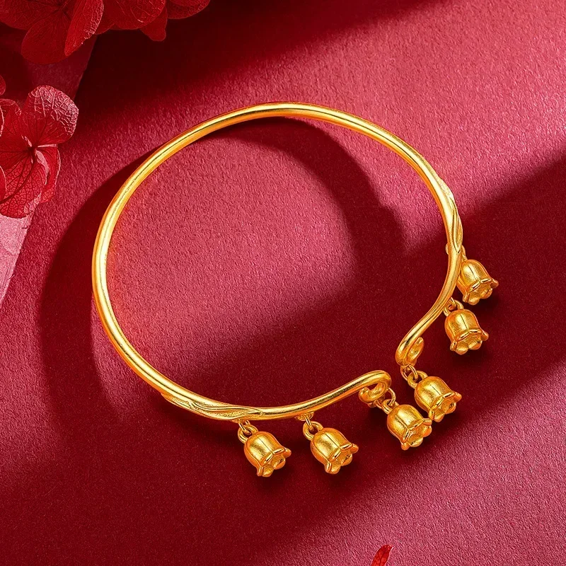 24K Yellow Gold Linglan Flower Bracelet for Women, Real Gold  Bride Fashion Simple Glossy Bracelet Bangles Jewelry Birthday Gift