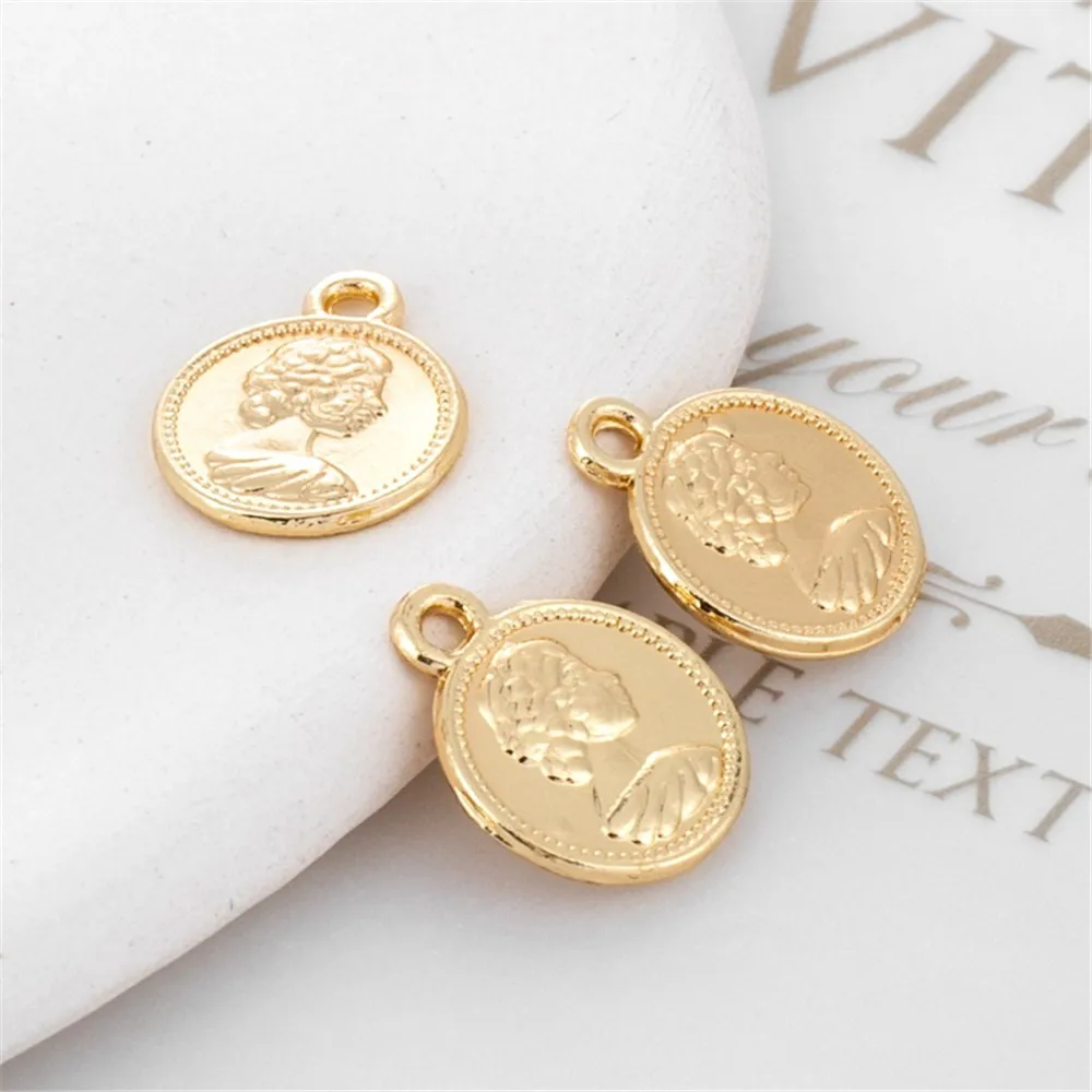 14K Gold-wrapped Portrait Pendant, Round Brand Accessories, DIY Bracelet and Necklace, 12mm