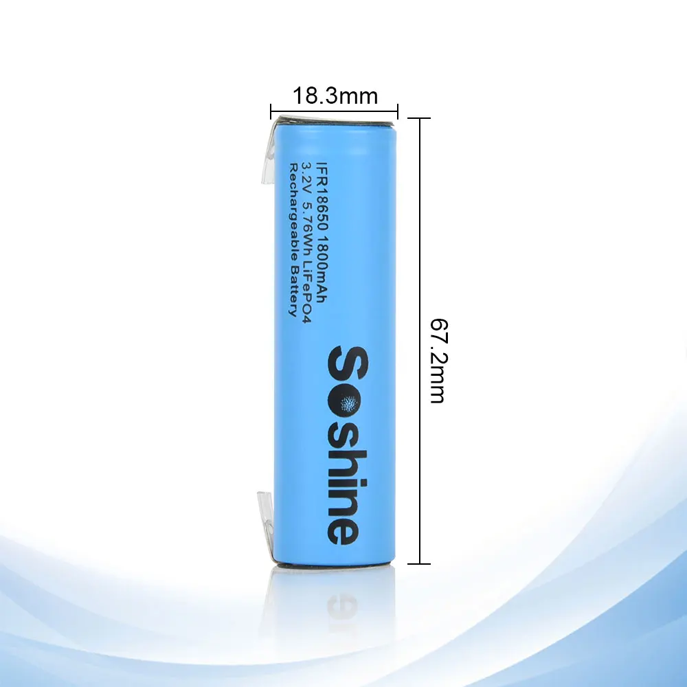 แบตเตอรี่ LiFePo4 Soshine 18650 1800mAh พร้อมแท็บเชื่อม3.2V 18650แบตเตอรี่แบบชาร์จไฟได้แบตเตอรี่ LiFePo4 1800mAh คุณภาพสูง