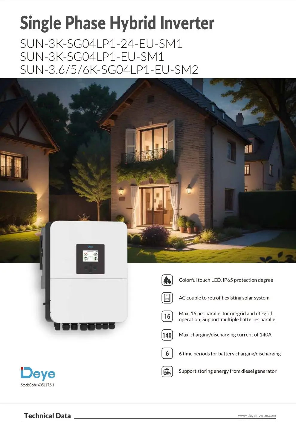 DEYE Single Phase Hybrid Inverter 3KW 3.6KW 5KW 6KW 220V/230V 50HZ OFF &ON GRID MPPT PURE SINE WAVE SUN-3.6/5/6K-SG04LP1-EU-SM2