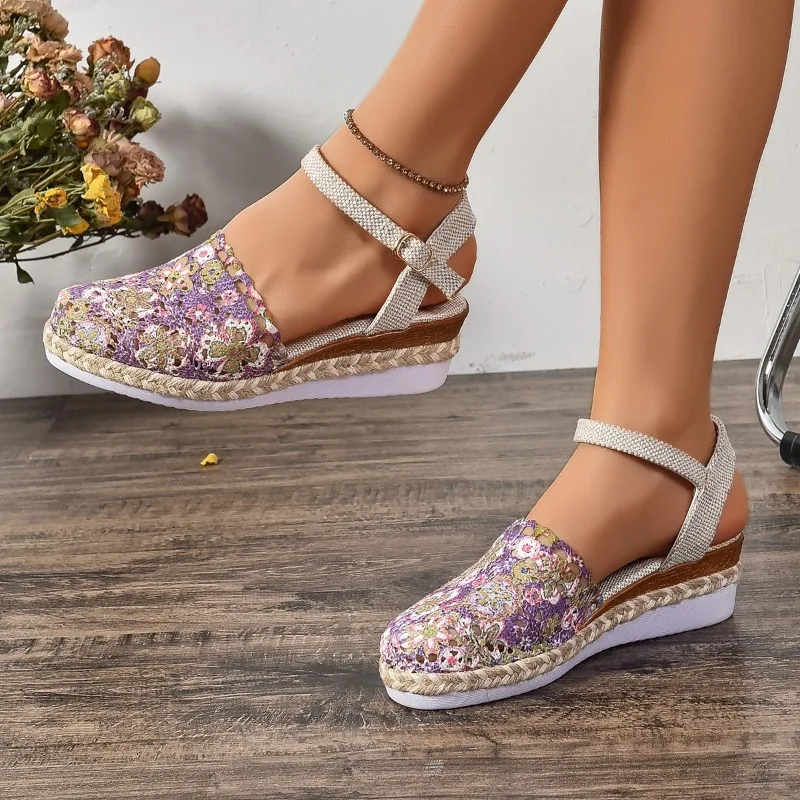 2025 New Casual Women's Sandals Slope Heel Sandals Mesh Linen Braided Buckle Women's Shoes Thick Bottom Non-slip Beach Shoes