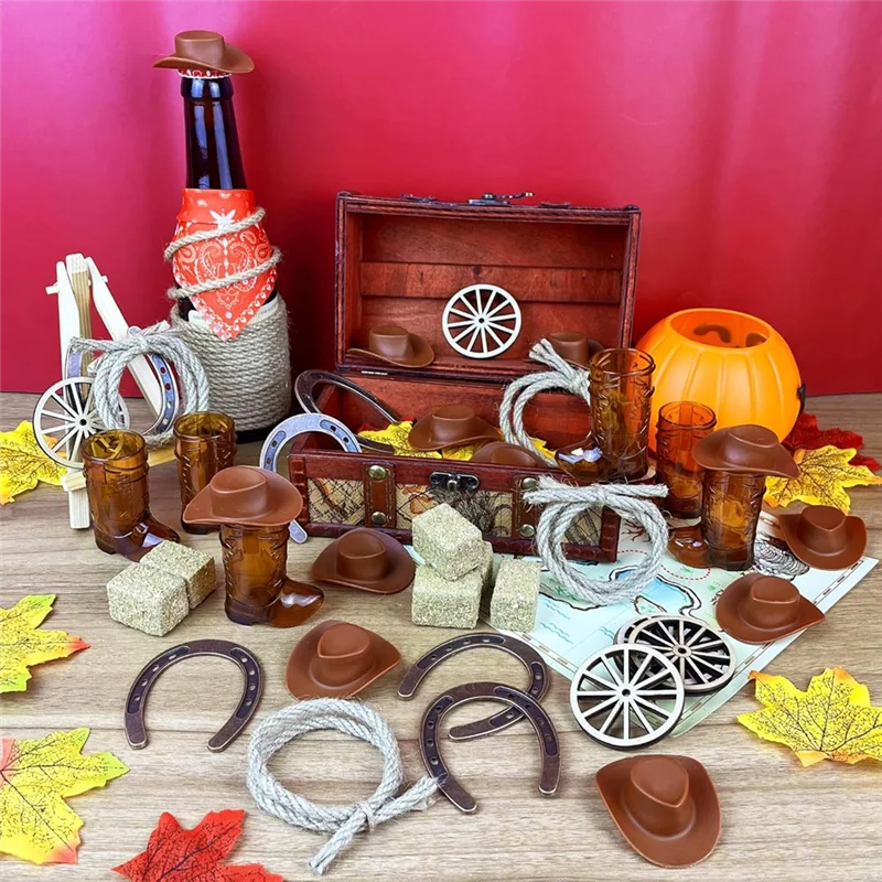 ABXF-bolsas y cuerdas de heno con ruedas, 42 Uds., Mini centros de mesa occidentales de herradura, botas de vaquero marrones y sombrero, regalo para manualidades, cumpleaños