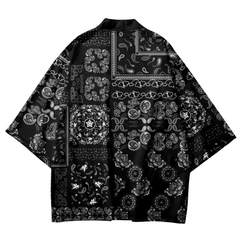 Black Traditional Cashew Flowers Print Kimono 2022 New Arrival Streetwear Men Cardigan Haori Japanese Style Clothes Summer Tops