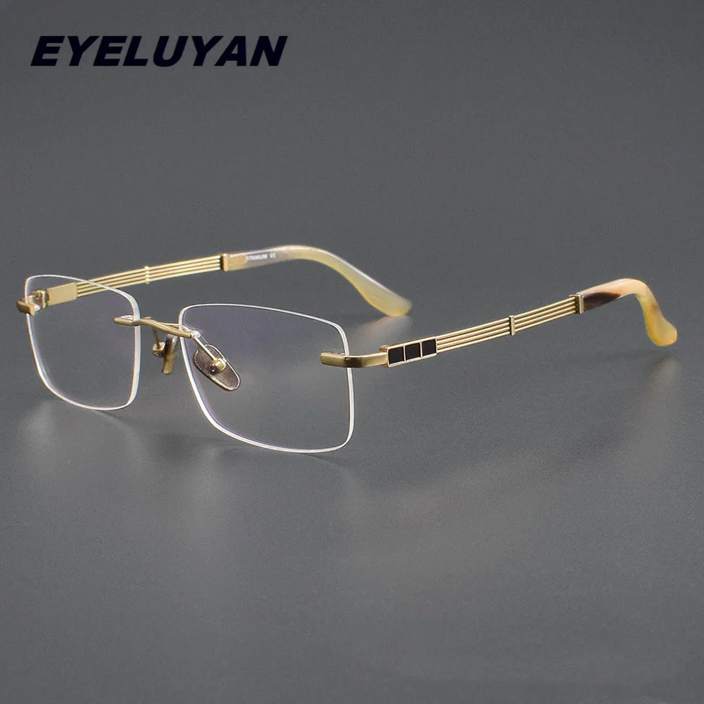 Men Brand Eyewear Pure Titanium Ox Horn Frame High End Rimless Glasses Gentlemen Light Weight Optical Prescription Spectacles