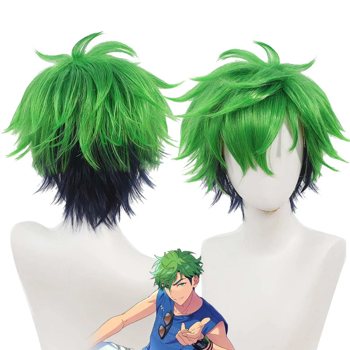 Men Game Ensemble Stars Juis Kojika Cosplay Wig Green Mixed Dark Blue Layered Heat Resistant Synthetic For Costume Props