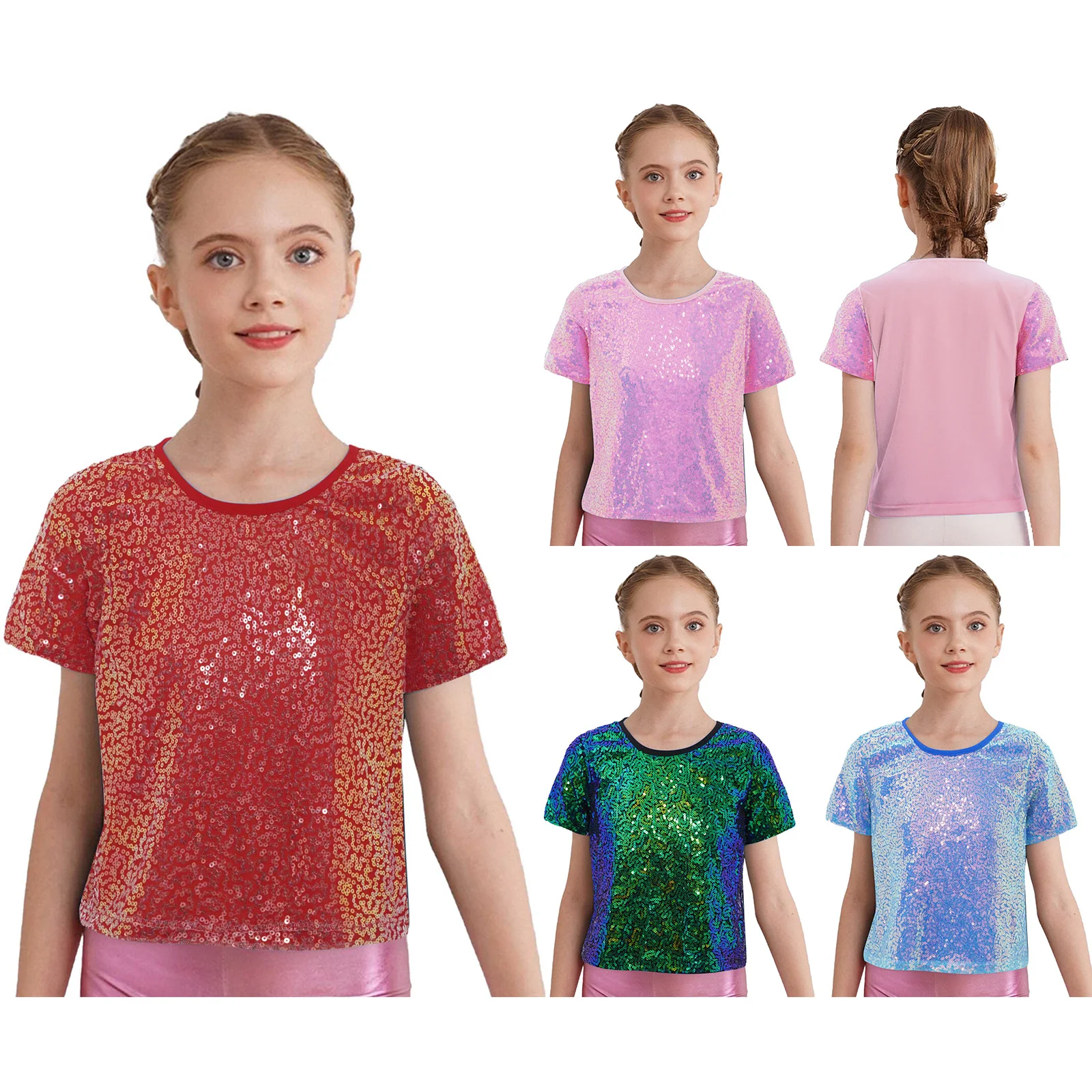 Camiseta de porristas brillante para niñas, camisa de lentejuelas de manga corta para puesta en escena de baile y deportes de equipo para uso informal