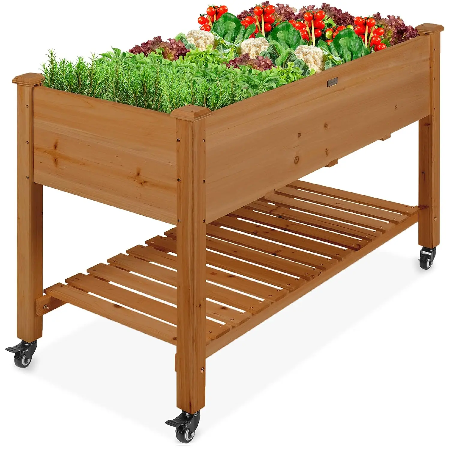 Raised Garden Bed 48x24x32-inch Mobile Elevated Wood Planter w/Lockable Wheels, Storage Shelf, Protective Liner - Acorn Brown