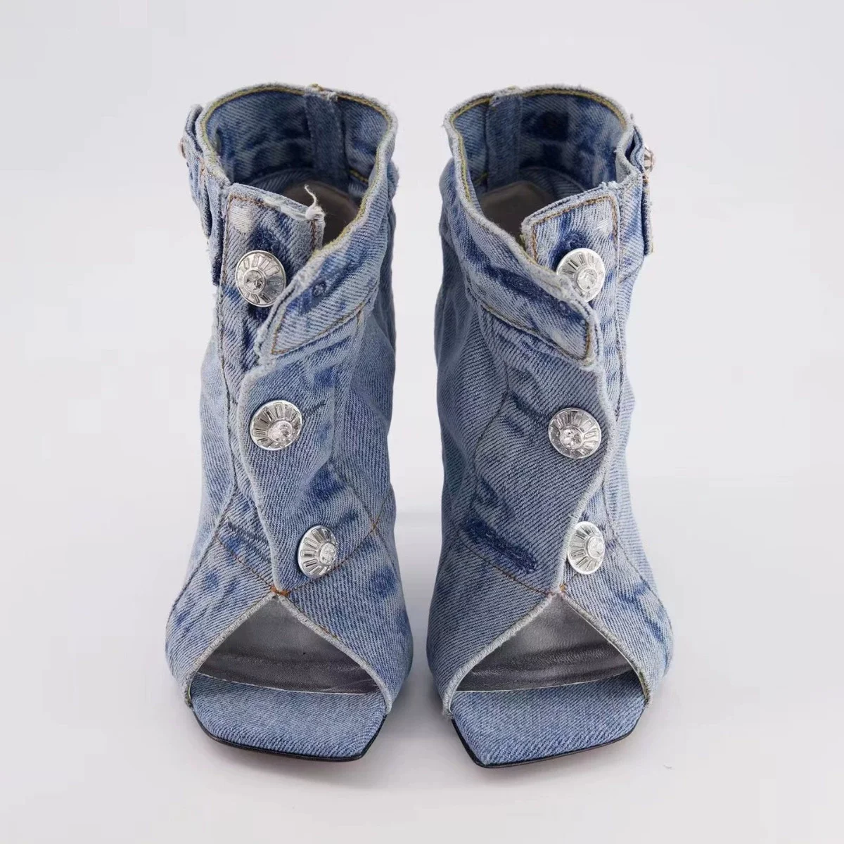 

Cowboy Blue Square Toe Summer Women Sandals Boots Stiletto High Heels Button Design Large Size Fashion Show Peep Toe Shoes