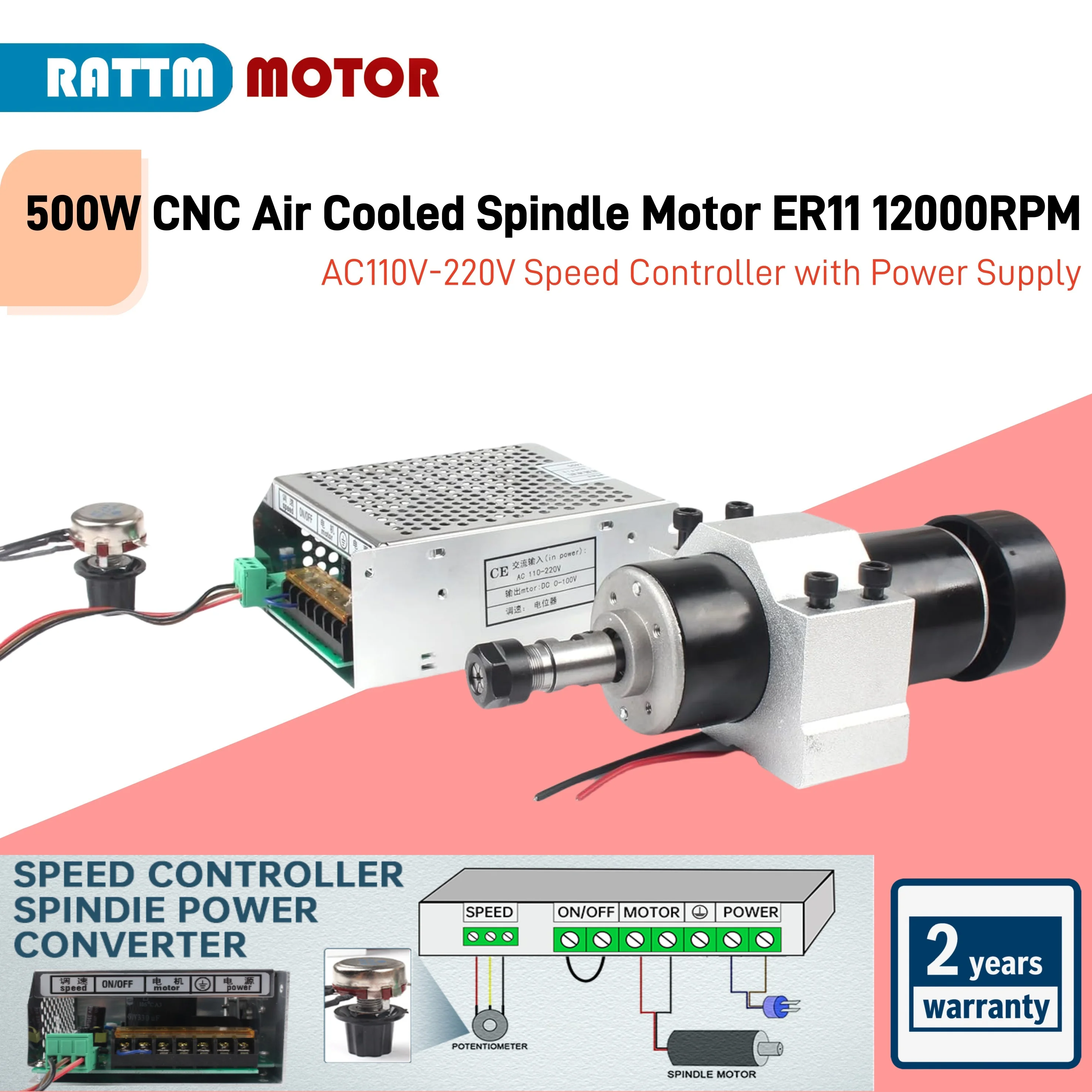 500W CNC Air Cooled Spindle Motor ER11 12000RPM + Input Voltage AC110V-220V Speed Controller with Power Supply + 52mm Clamp