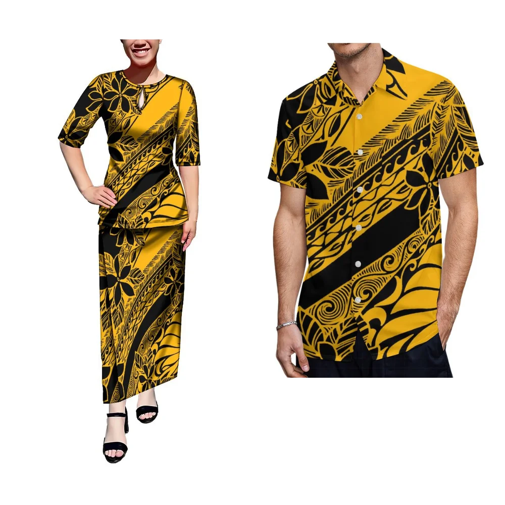 Summer Short Sleeve New Set Skirt Samoa Hibiscus Pattern Road Custom Women Puletasi Men'S Shirt Polynesian Couple Clothing