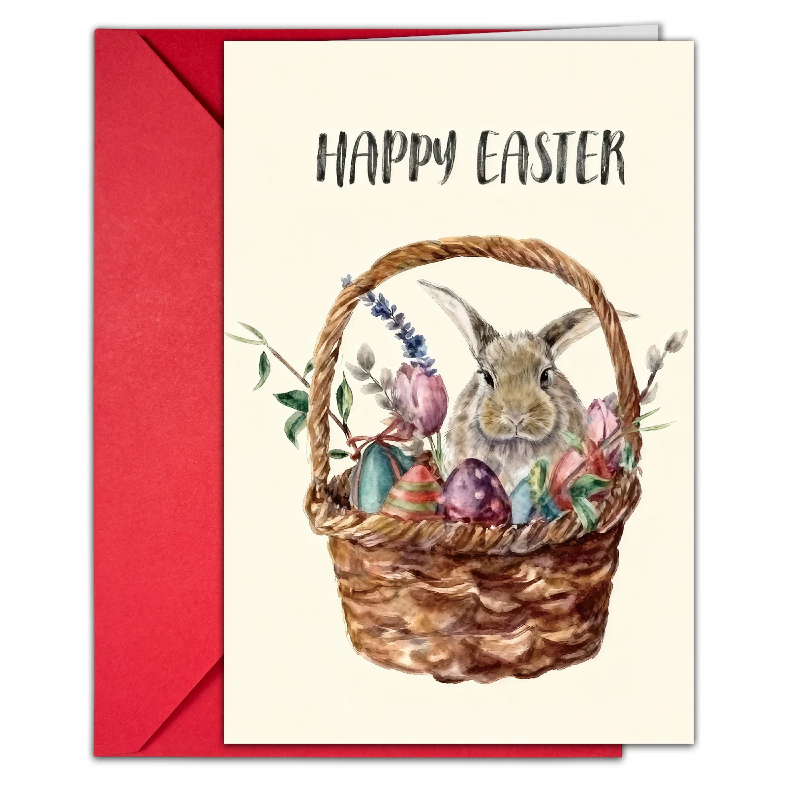 Ensemble de cartes d'anniversaire aquarelle Résurrection avec enveloppes - Panier de fleurs et lapin avec œufs pour la décoration - Vœux de fête - Carte cadeau