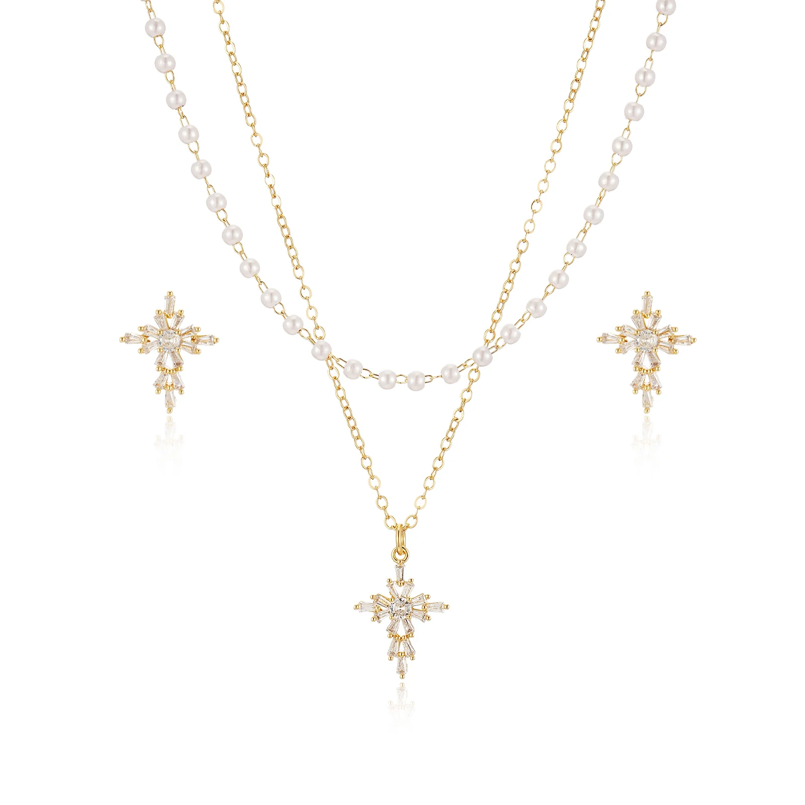 

14K Gold Plated 925 Sterling Silver Jewelry Set | Cross Pendant Necklace and Stud Earrings for Women