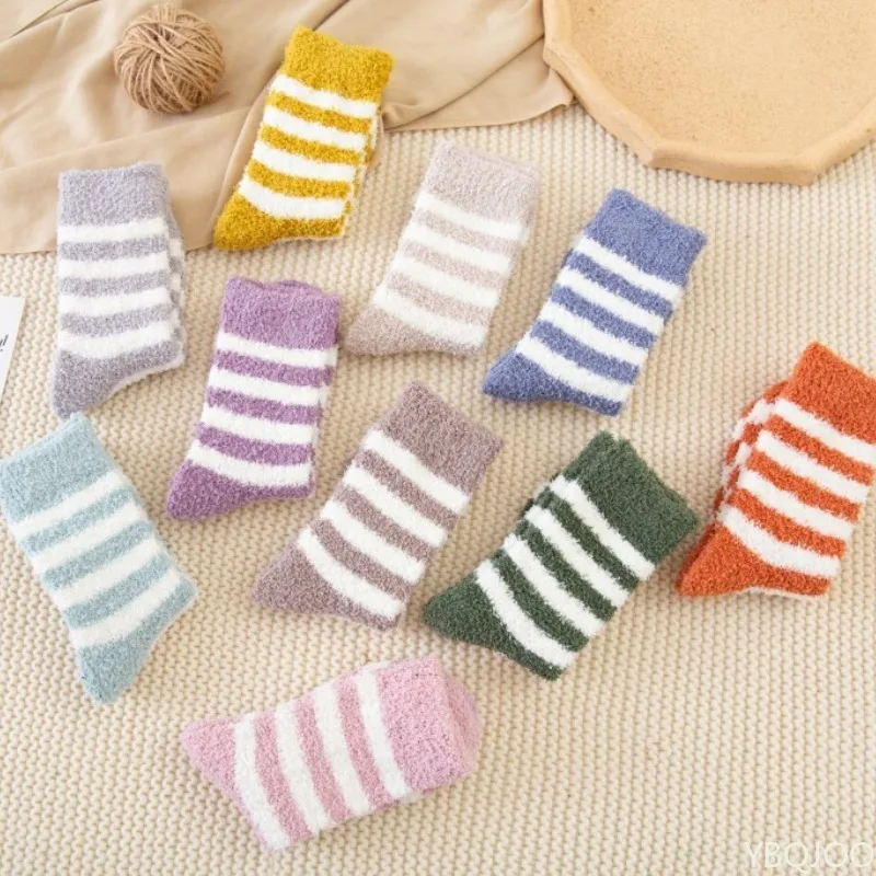 Non Shedding Striped Coral Fleece Socks Children Socks Cross-border Women Slippers Socks Hairy Sleeping Socks Half Flannel Socks