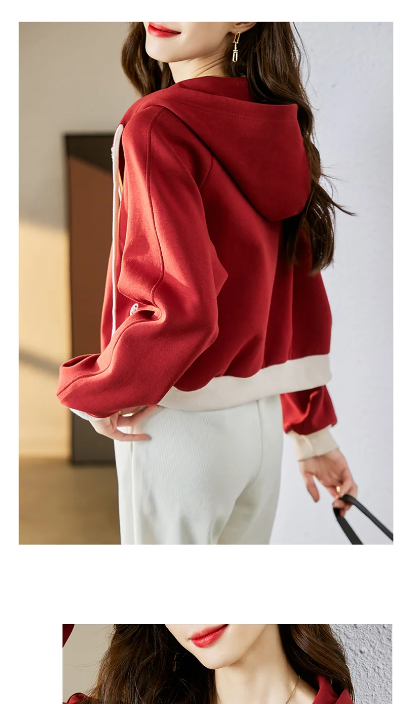 2023 Spring and Autumn Casual Red Short Hoodie Loose Hooded Cardigan Baseball Jacket Small Long Sleeved Top for Women