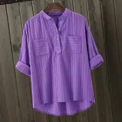 Loose Fit Casual Shirt with Elegant Commute Style Wrinkle Finish Button Closure Three Quarter Sleeve Round Neck Women Blouse