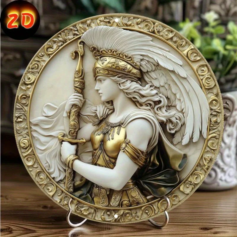 Glam Style Athena Goddess Aluminum Wall Hanging Plaque, 8x8 Inch, Multipurpose Retro Round Decor for Home, Art Wall Decoration