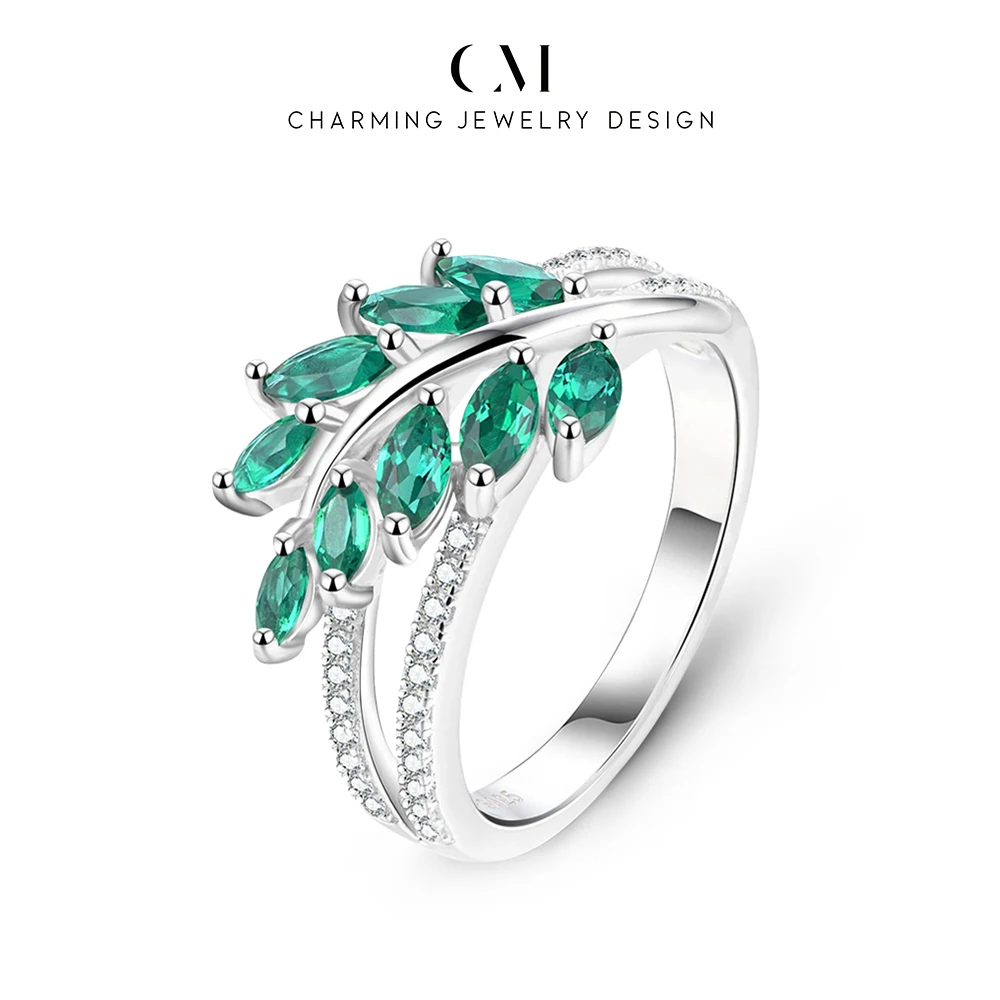 CHARMING Lab Emerald White Sapphire Cocktail Ring for Women Dinner Party Daily Jewelry Holiday Birthday Gift Anniversary Wedding