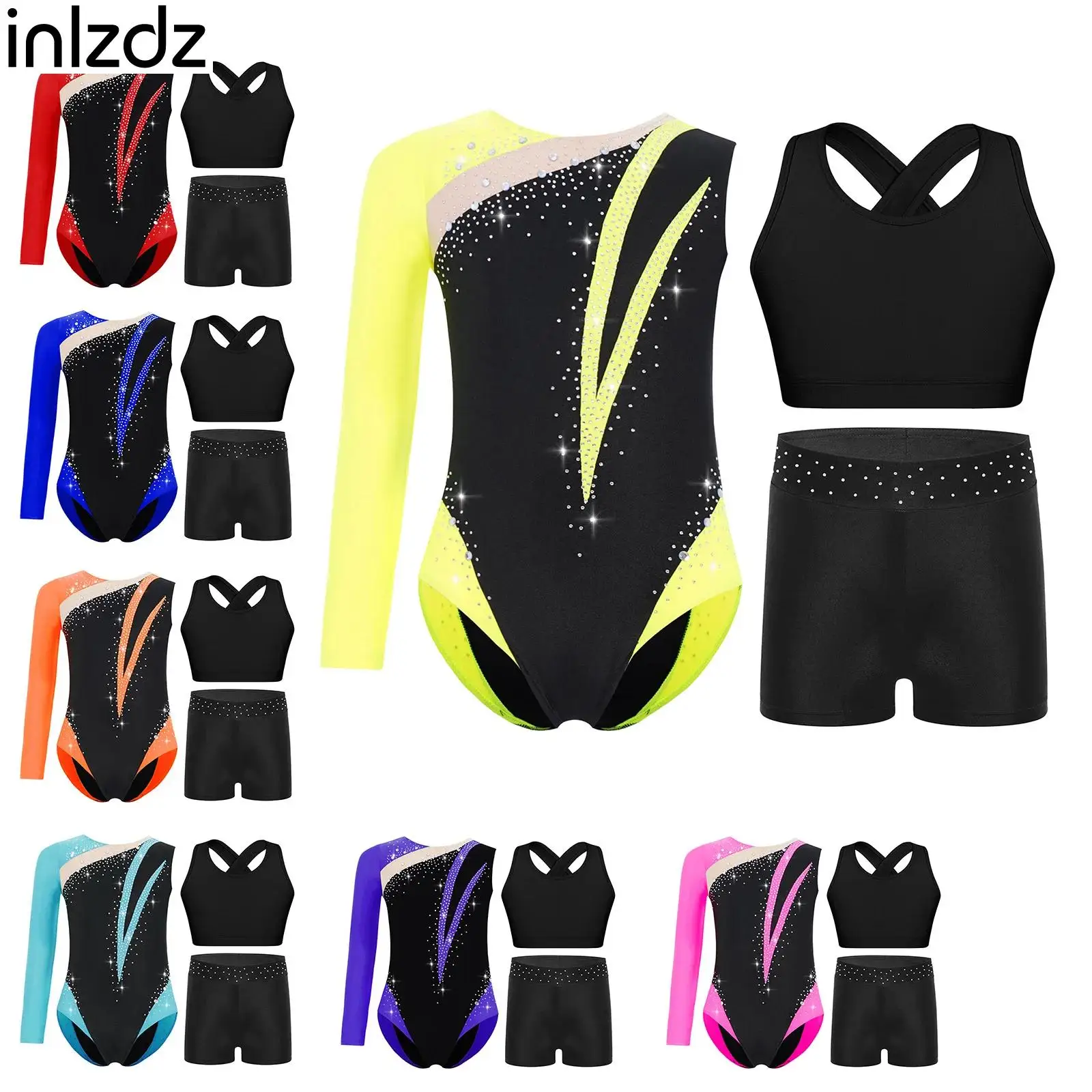 

Girls Ballet Jersey Outfit Swimsuit Rhythmic Gymnastics Acrobatics Costumes Rhinestones Dancewear Figure Skating Performance Set