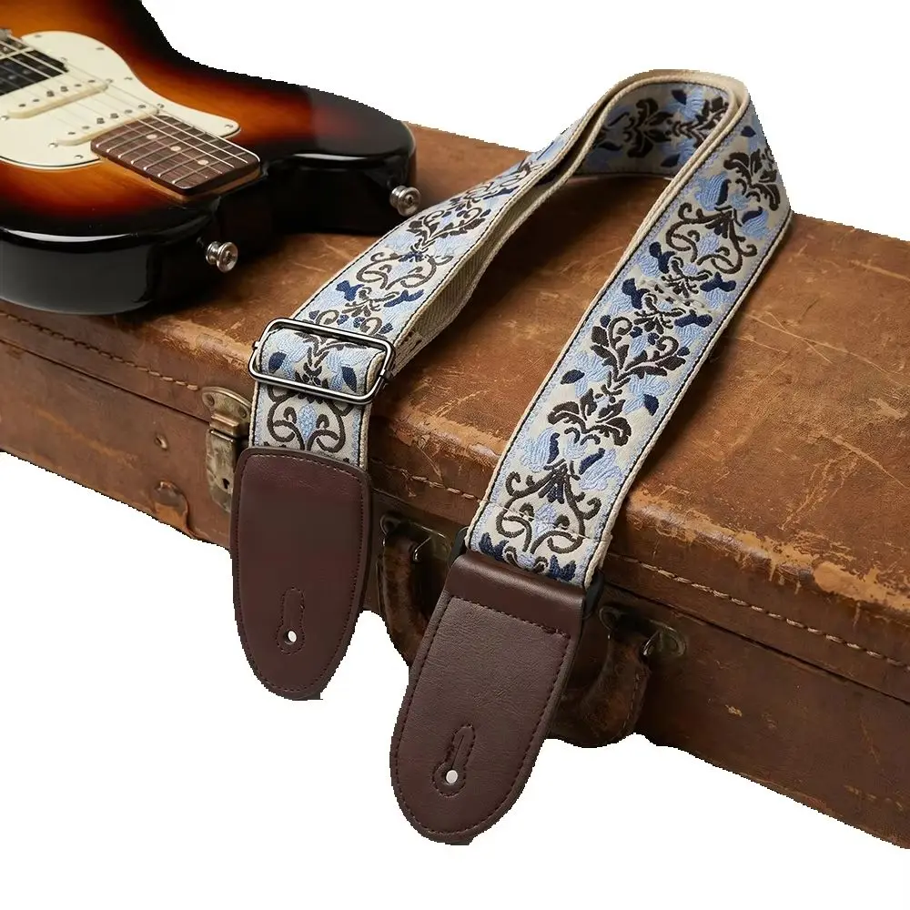 Guitar & Bass Strap Boho Embroidered Thickened Widened Brown Leather Ends Shoulder Sling for Acoustic Folk Electric Guitar