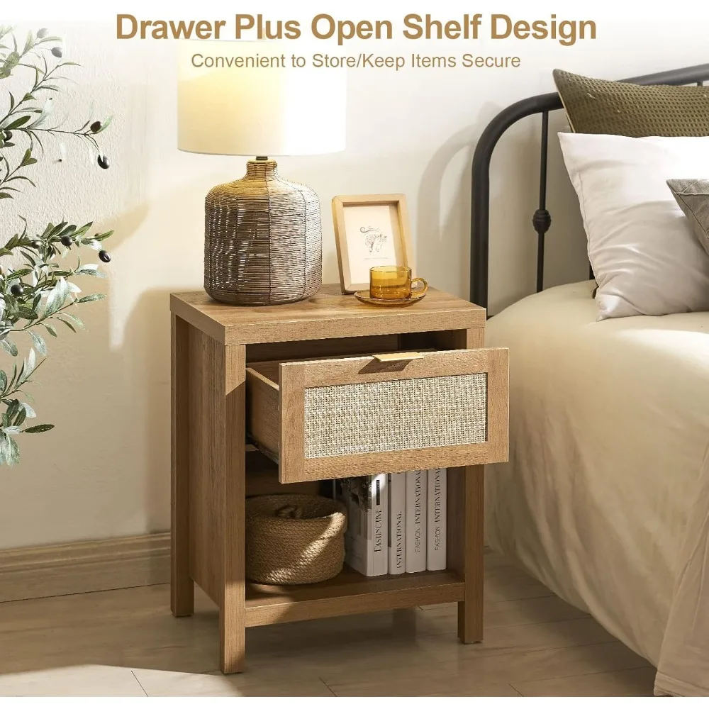 Rattan Nightstand Set of 2 - Night Stand with Drawer and Storage Shelf -  End Tables Side Table Accent Table for Bedroom image 5