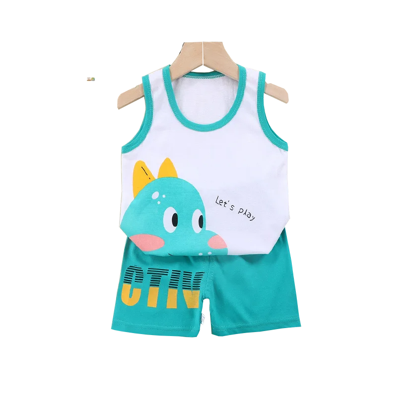 Summer Kids Baby Cartoon Dinosaur Vest+Shorts 2-Piece Clothing Set Pajamas Boys Girls Cotton Casual Tracksuit Clothes Suit 0-6 Y