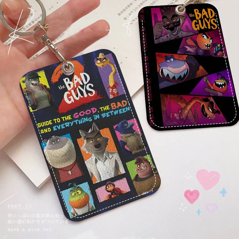 Cartoon T-The B-Bad Guys Rectangle ID Card Case Keychain Access Card Bag Key Tag Ring Leather Card Holder Key Ring Access