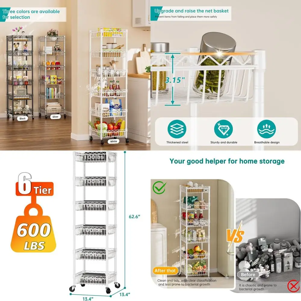 

6-Tier Adjustable Wire Storage Rack with Wheels for Kitchen, Bathroom, and Garage - White