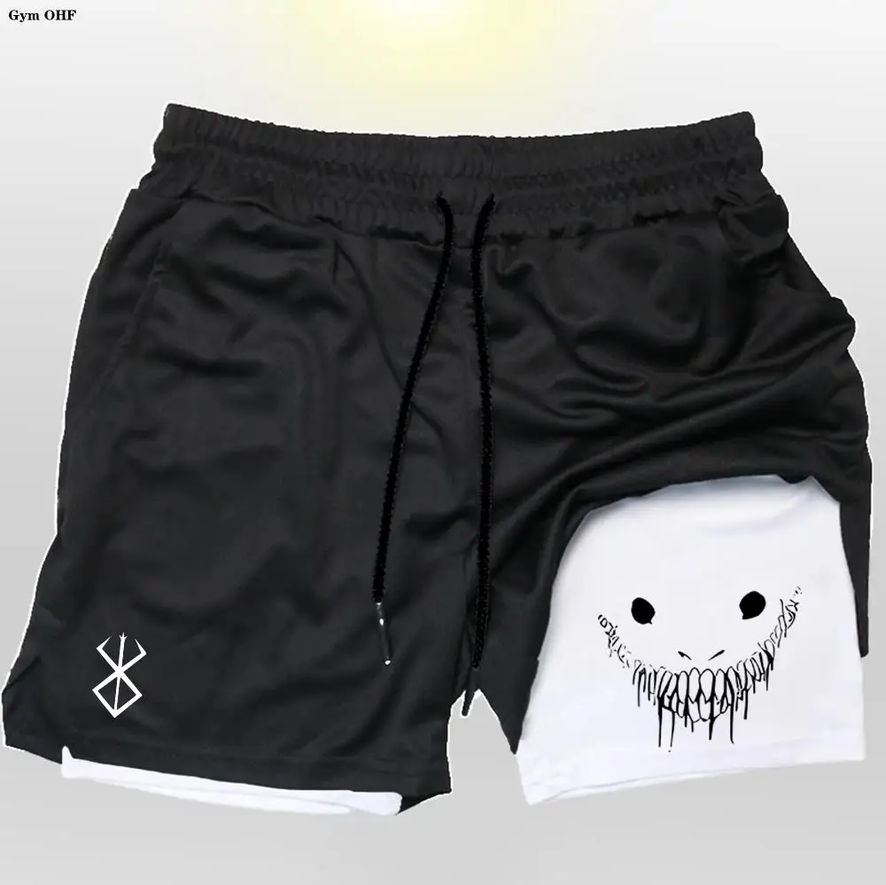 

Running Shorts Men Fitness Gym Training 2 in 1 Sports Anime Berserk Guts Quick Dry Workout Jogging Double Deck Short Pant