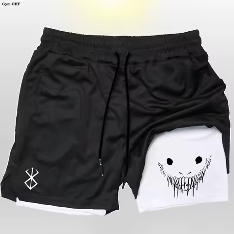 Running Shorts Men Fitness Gym Training 2 in 1 Sports Anime Berserk Guts Quick Dry Workout Jogging Double Deck Short Pant