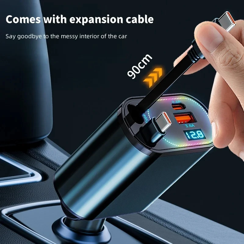240W 4 IN 1 Retractable Car Charger Dual USB Type-C PD Retractable Cable For iPhone Samsung Xiaomi Super Fast Charging Adapter