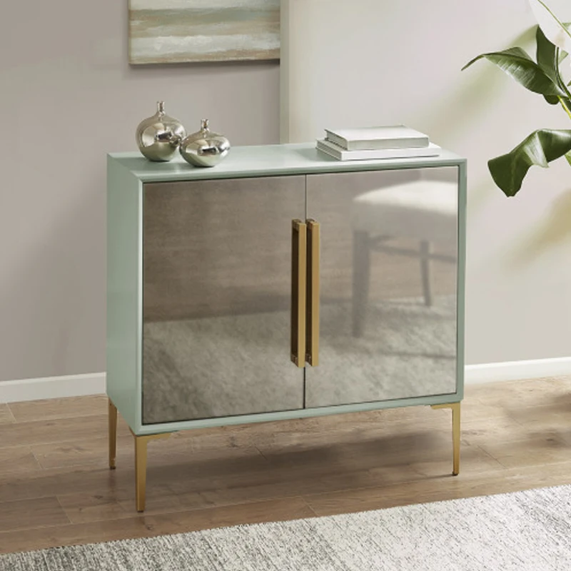 

Curry 2-Door Accent Cabinet: Elegant Mint Green & Gold Fusion, Distressed Mirror Doors, Stylish Storage Solution for Home Decor