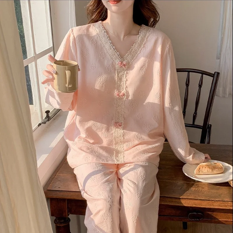 

Young Girl V-neck Lace border Pajamas Sets Princess Kawaii Sexy Long Sleeves Pants Leisure Wear Loose Four Seasons Clothes Hot