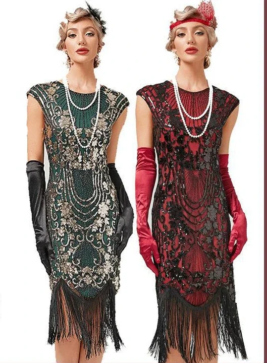 Borlas frisadas femininas Vestidos de noite, baile, retrô, lantejoulas, vestido formal para coquetel, banquete, artesanal, tamanho grande, década de 1920