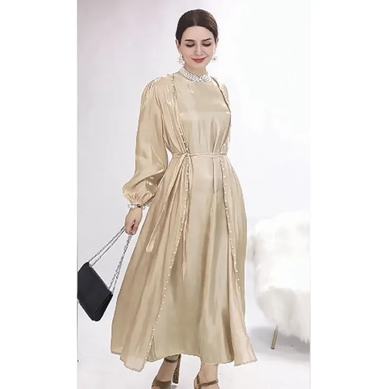 Morocco Caftan Muslim Abaya Women Dress 2 Piece Set Kebaya Gown Beads Dubai Arabic Satin Kimono Cardigan Robe Outwear Ramadan