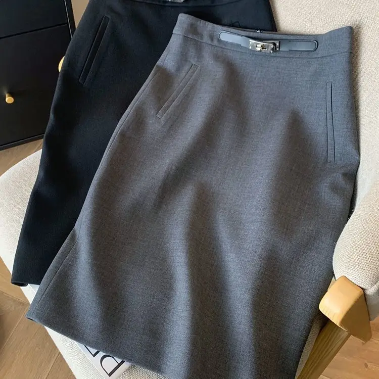 French Summer Split Pencil Skirt Women High Waist Midi Suit Skirts Female Double Pockets Office Lady Skirt Fashion Elegant 2025