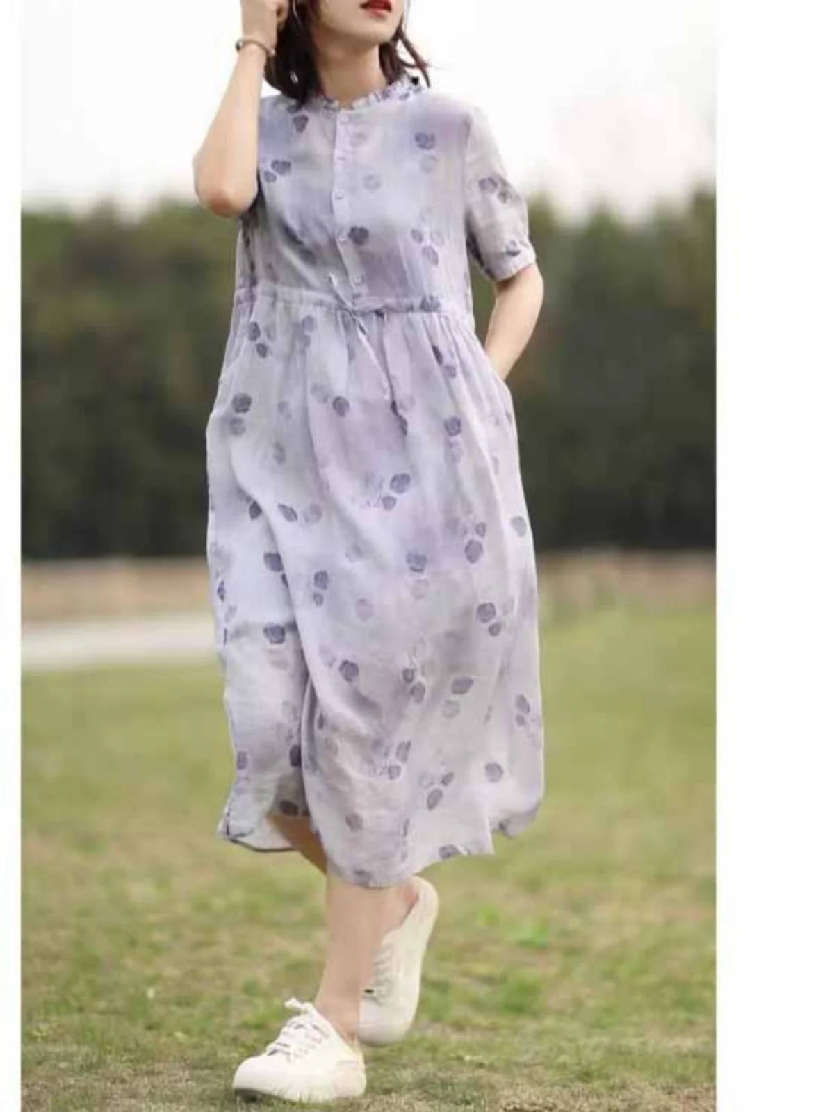 مكافحة الشيخوخة الأزهار طباعة الكتان ort Sve ميدي الدكتور الصيف فضفاض Gored Netie الخصر التخسيس ألف خط تنورة للشابات