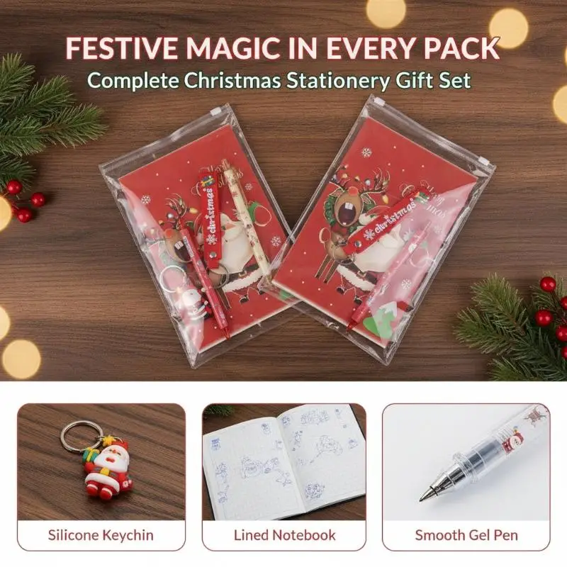 Christmas Stationery Gift Set 3PCS Notebook Gel Pen Keychain Cute Snowflake Santa Print Perfect for Kids New Year Gift