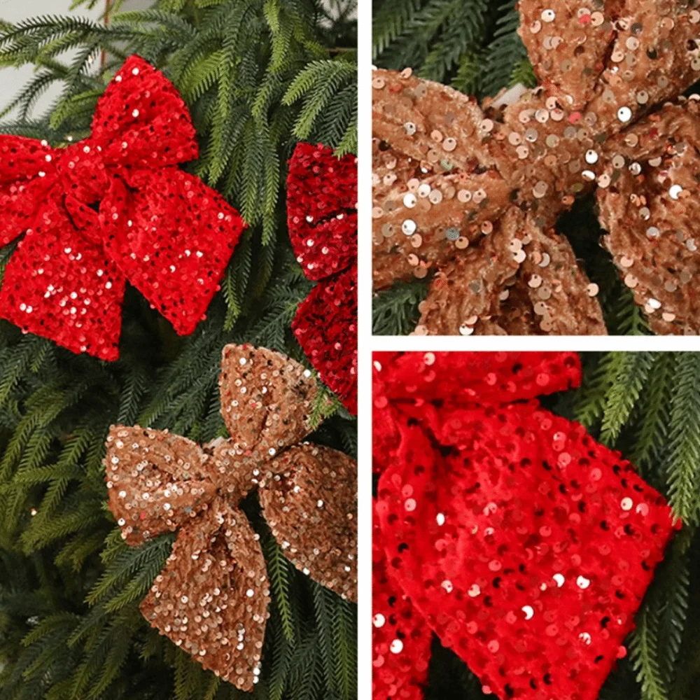 Pingente de arco de natal brilhante com fita diy árvore de natal laço reunido enfeites de suspensão de natal janela