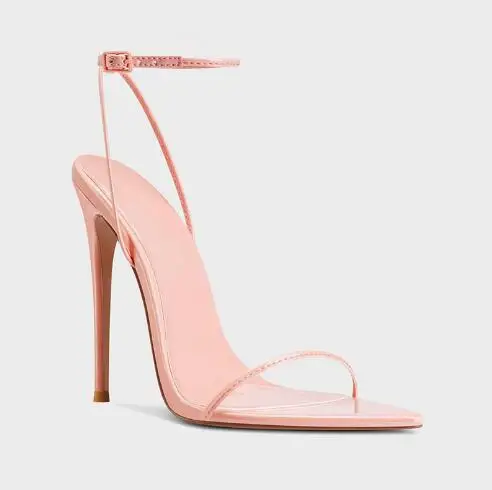 Summer Woman Pink Nude Patent Leather Poined Open Toe One Line Ankle Buckle Strap Stiletto Heel Sandals High Heels Party Shoes