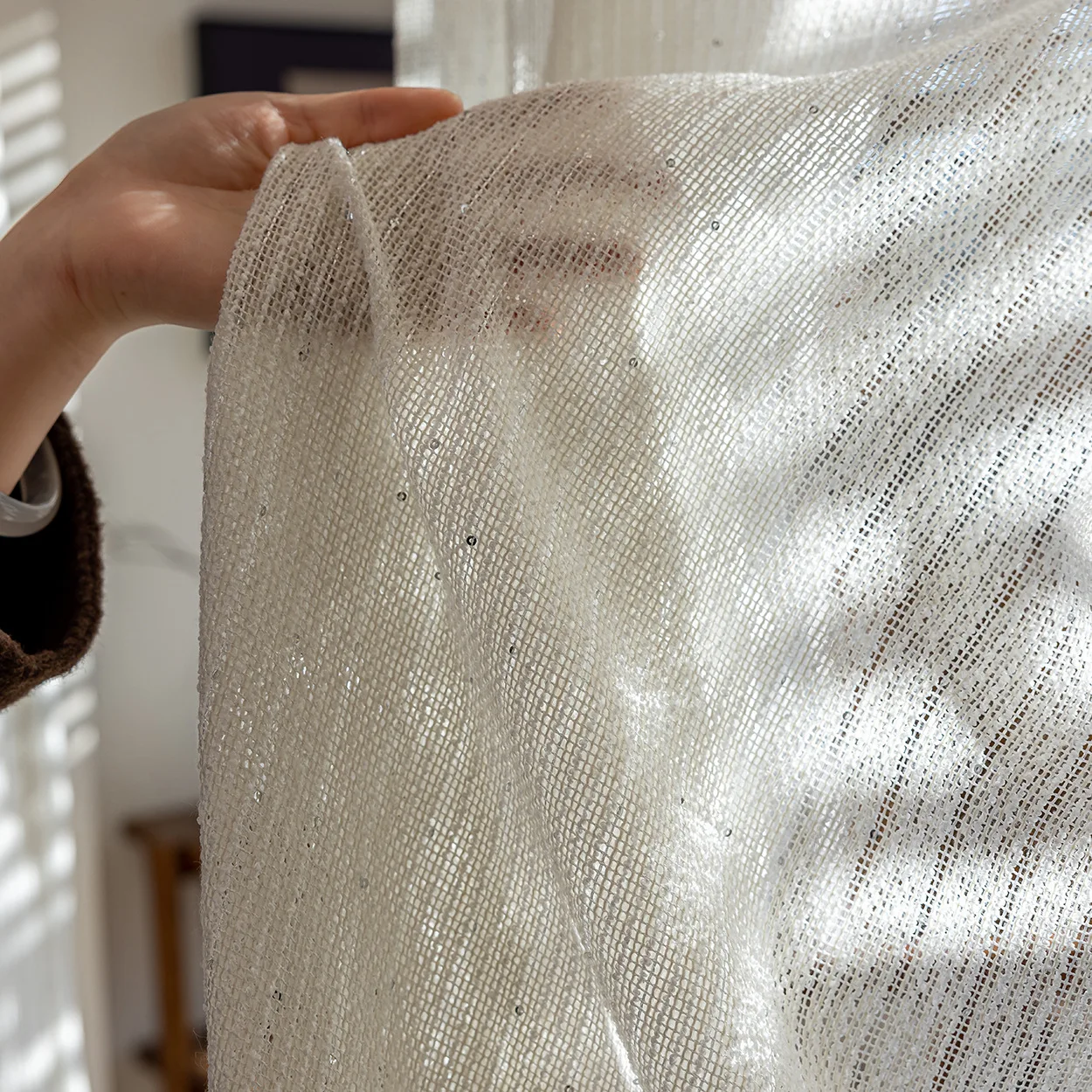 Cream White Textured Sheer Curtain Sparkle Sequins Voile Light Filtering Window Home Decor Custom Made curtains for living room