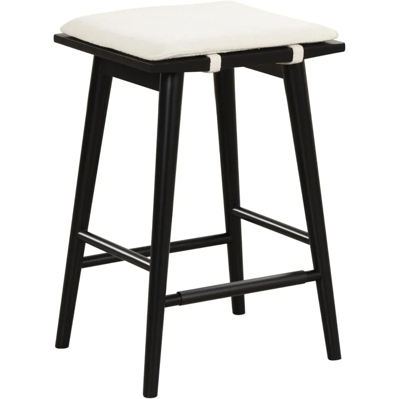 Counter Height Wood Barstool with Upholstered Cushion, Backless Island Stool for Kitchen, Black/Cream Boucle, Set of 2