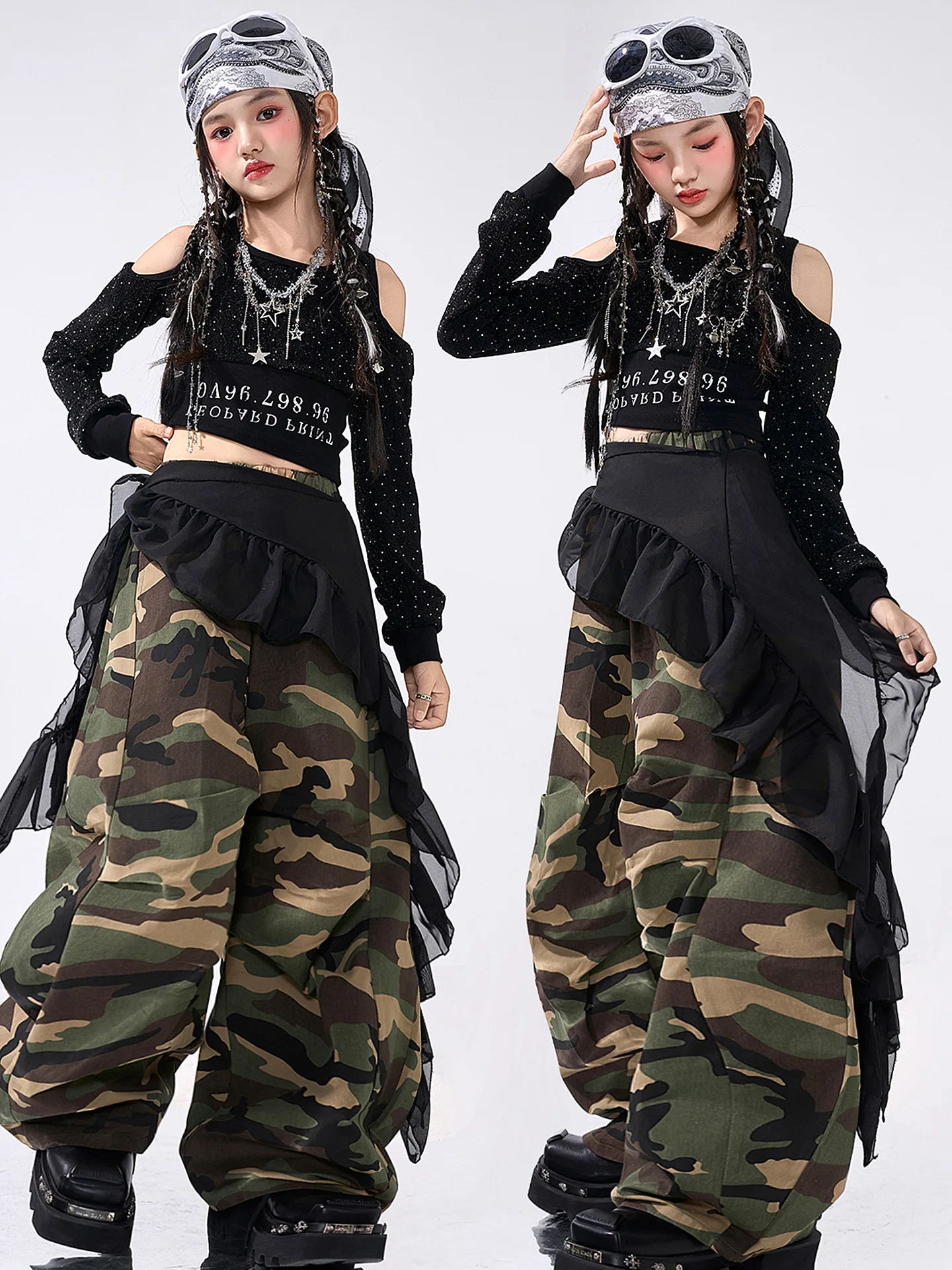 키즈 케이팝 힙합 의류 블랙 오프숄더 크롭 티셔츠 탑 카모 파라슈트 배기 팬츠 소녀 스트리트 댄스 의상