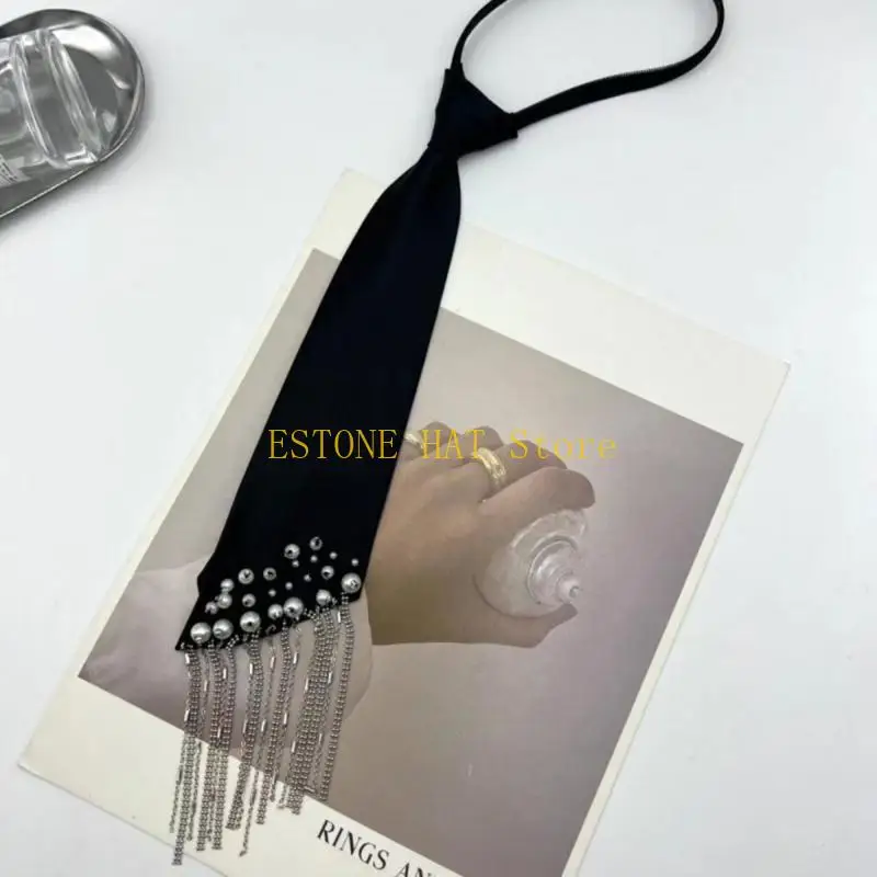 

49MF Стильный предварительно завязанный галстук с искусственным жемчугом, украшенный бахромой по краю