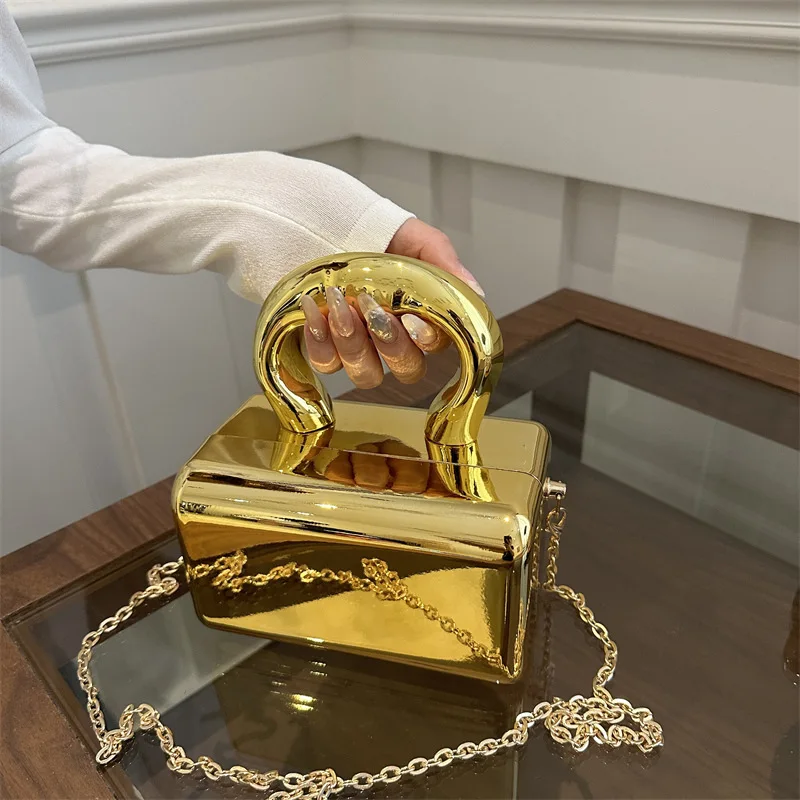 

Fashion Gold Silvery Acrylic Box Bags Clutch Evening Bag Elegent Chain Shoulder Bag For Women 2025 Handbag For Wedding Party Ins
