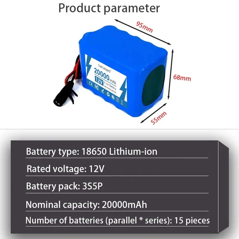 Imagem -05 - Bateria de Lítio Recarregável com Carregador Bms 3s5p para a Bicicleta de Pesca Baterias de Grande Capacidade 18650 12v 20000mah