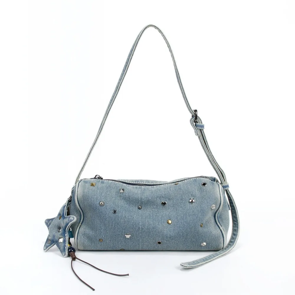 New Niche Texture Denim Bag Women's Fashion Rivet Small Round Single Shoulder Messenger Unique Texture Stylish Simple Pen Holder