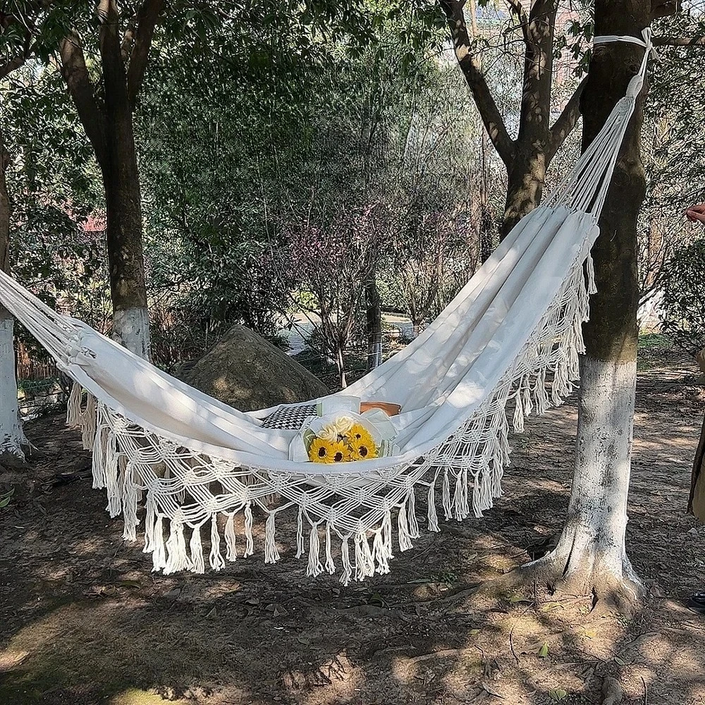 Single Double Tassel Leisure Hammock Canvas Hanging Outdoor Swing Decorative Chair for Backyard Homestay Furnishing