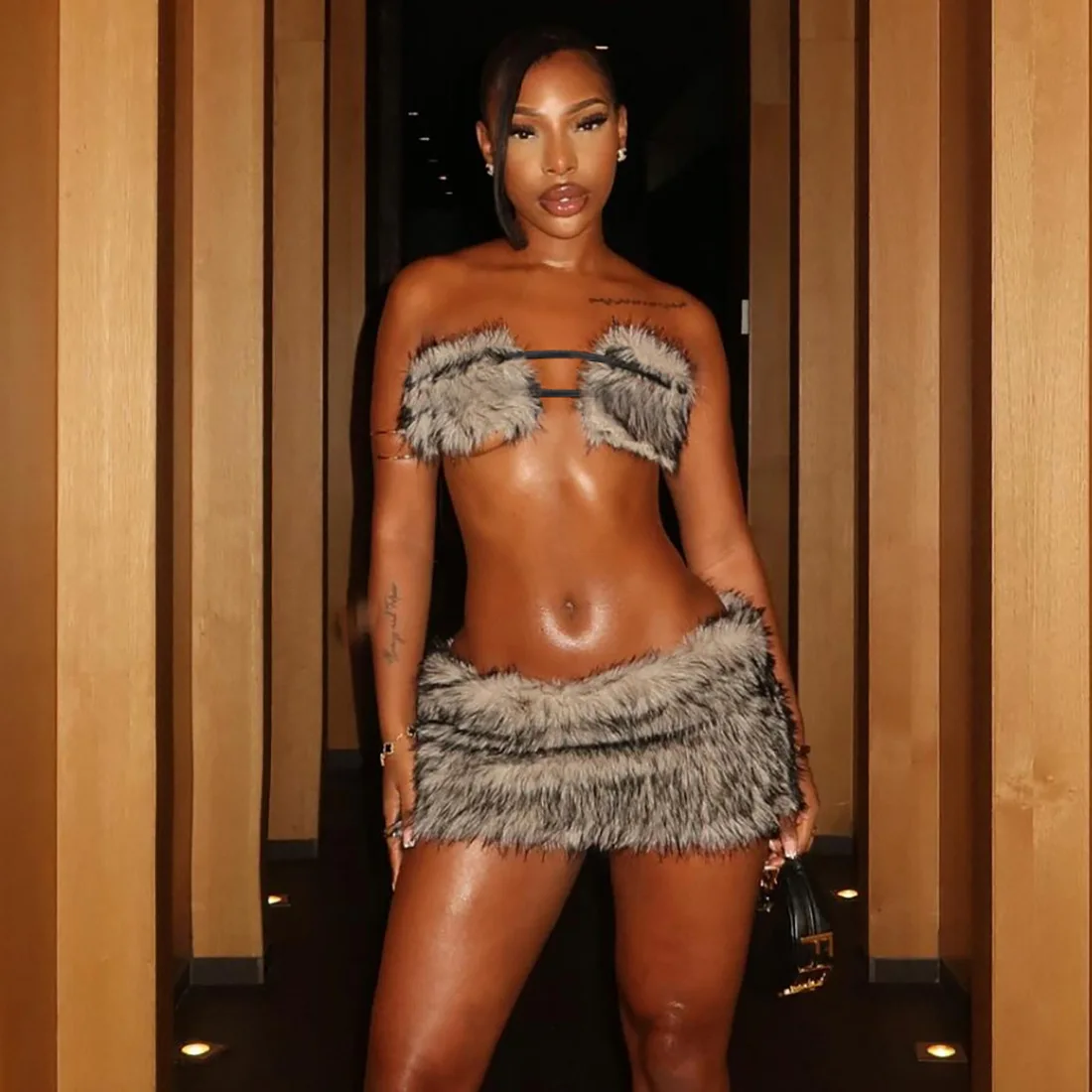 

Fur Bikini Tops Dress Two Piece Sets 2025 Women Y2K Streetwear Sexy Party Dress Elegant 2 Piece Sets Woman Outfit Winter